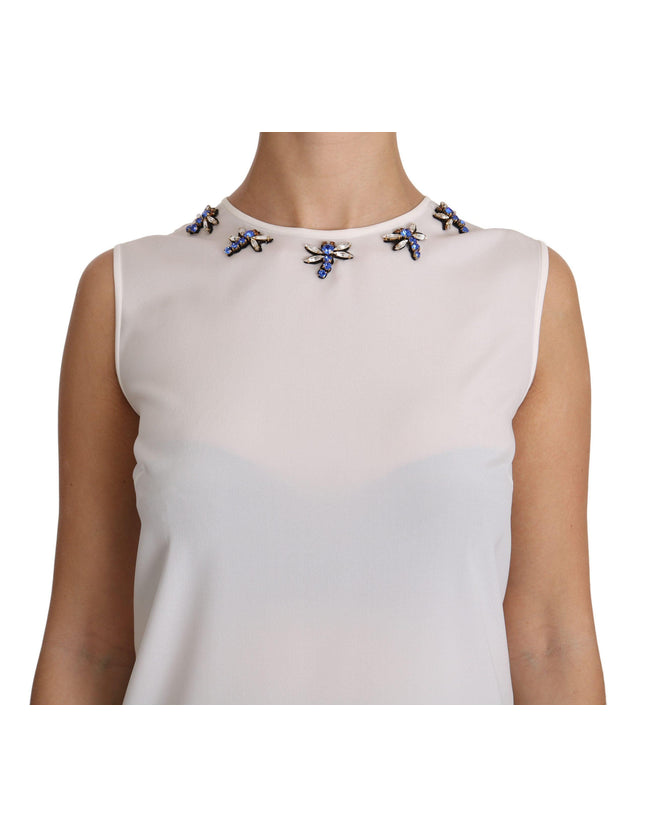 Dolce & Gabbana White Silk Embellished Crystal Dragonfly Top - Ellie Belle