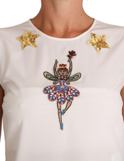 Dolce & Gabbana White Silk Embellished Crystal Sequin Fairy Top - Ellie Belle