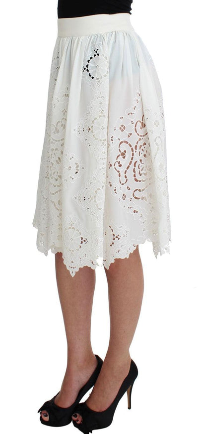 Dolce & Gabbana White Silk Floral Ricamo Knee Skirt