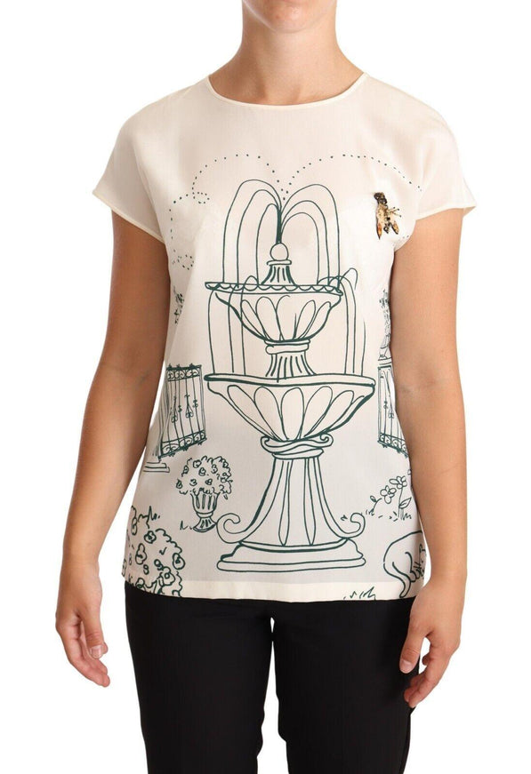 Dolce & Gabbana White Silk Garden Fountain T-Shirt Blouse - Ellie Belle