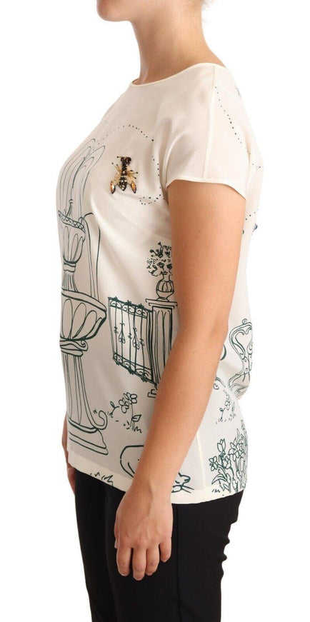 Dolce & Gabbana White Silk Garden Fountain T-Shirt Blouse - Ellie Belle