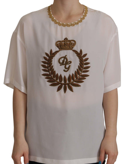 Dolce & Gabbana White Silk Gold DG Crown Crystal Blouse Top - Ellie Belle