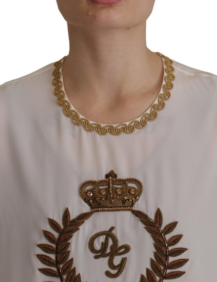 Dolce & Gabbana White Silk Gold DG Crown Crystal Blouse Top - Ellie Belle