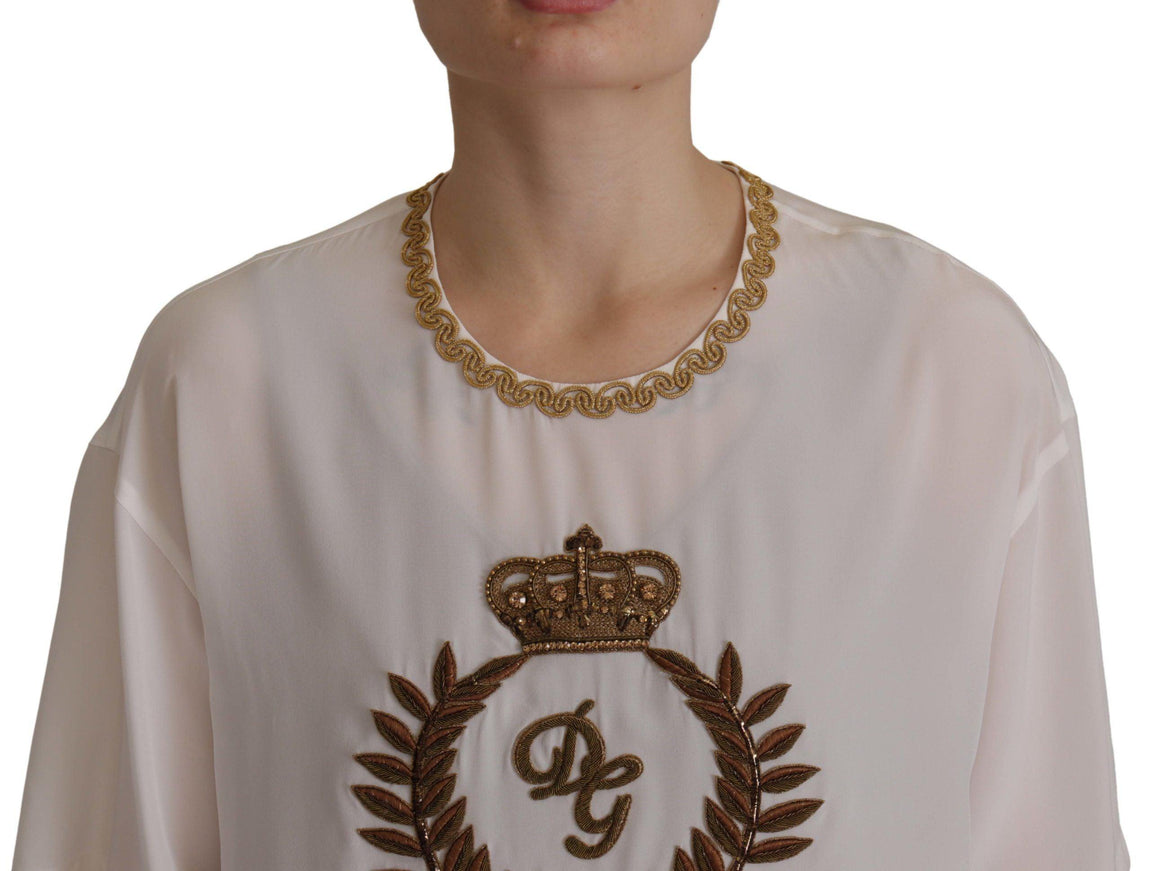 Dolce & Gabbana White Silk Gold DG Crown Crystal Blouse Top - Ellie Belle