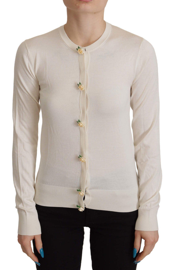 Dolce & Gabbana White Silk Knit Rose Button Cardigan Sweater - Ellie Belle