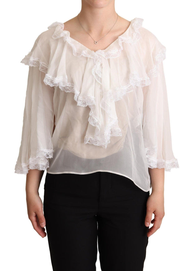 Dolce & Gabbana White Silk Long Sleeves Lace Blouse - Ellie Belle