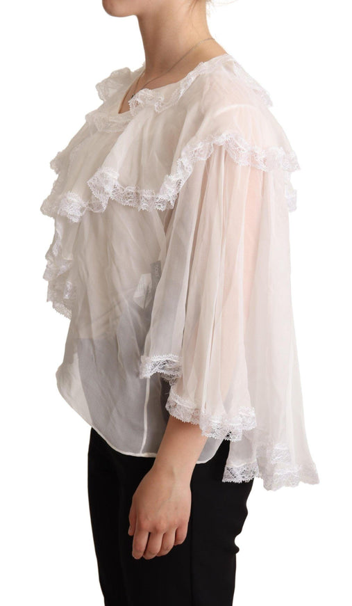 Dolce & Gabbana White Silk Long Sleeves Lace Blouse - Ellie Belle