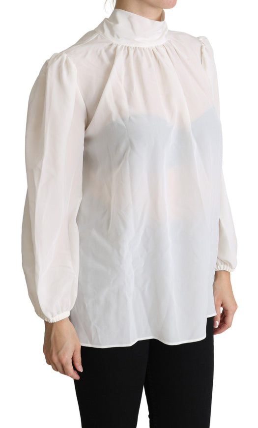 Dolce & Gabbana White Silk Pussy Bow Long Sleeved Top Blouse