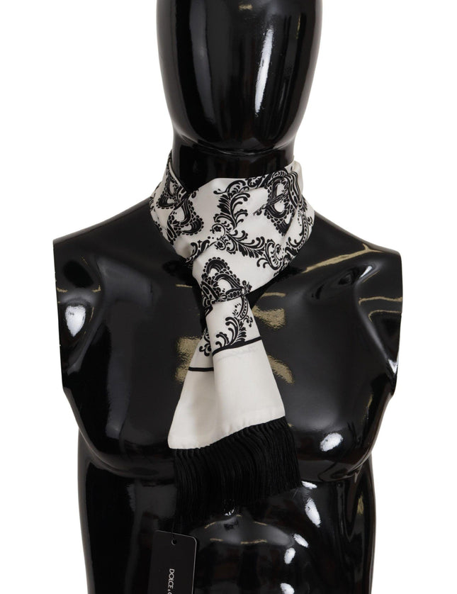 Dolce & Gabbana White Silk Royal Crown Mens Wrap Shawl Fringe Scarf - Ellie Belle
