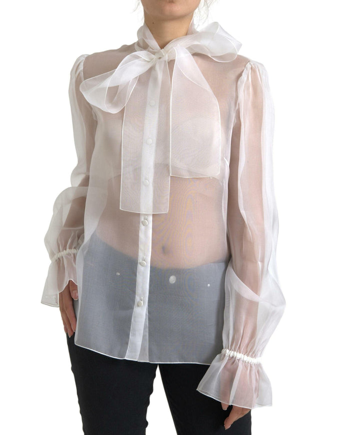 Dolce & Gabbana White Silk Sheer Organza Tied Neck Blouse - Ellie Belle