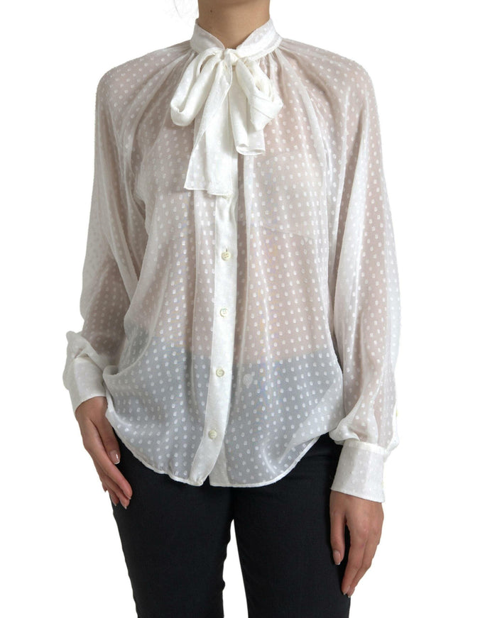 Dolce & Gabbana White Silk Sheer Tied Neck Polka Dots Blouse - Ellie Belle