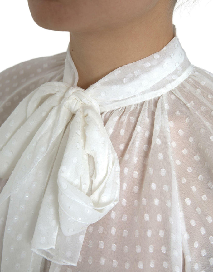 Dolce & Gabbana White Silk Sheer Tied Neck Polka Dots Blouse - Ellie Belle