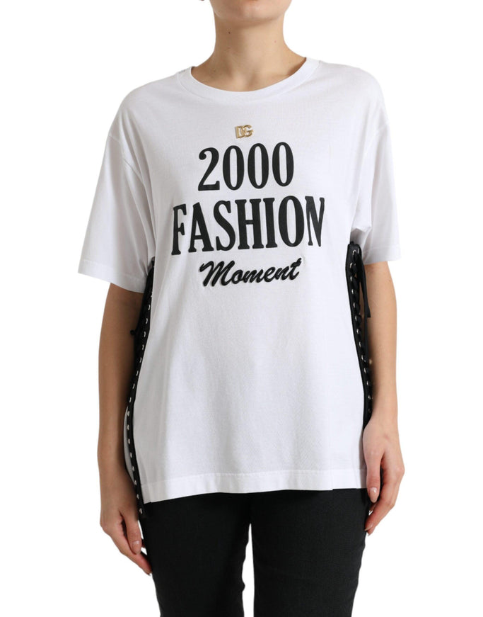 Dolce & Gabbana White Slogan Print Lacing Detailed T-shirt - Ellie Belle