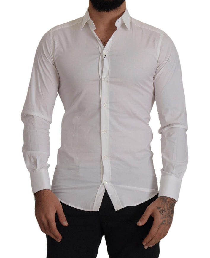 Dolce & Gabbana White Stretch GOLD Slim Fit Dress Shirt - Ellie Belle