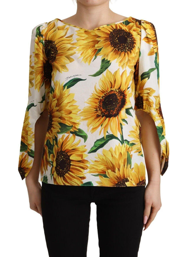 Dolce & Gabbana White Sunflower Cotton Round Neck Blouse Top - Ellie Belle