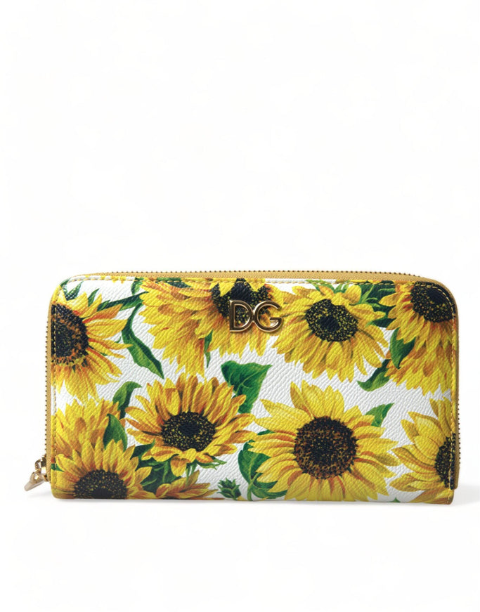 Dolce & Gabbana White Sunflower Leather DG Zip Around Continental Wallet - Ellie Belle