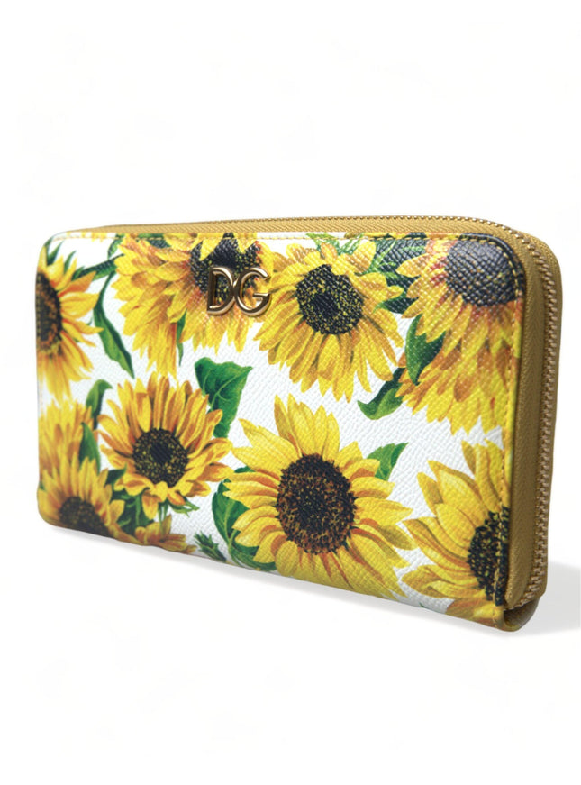 Dolce & Gabbana White Sunflower Leather DG Zip Around Continental Wallet - Ellie Belle
