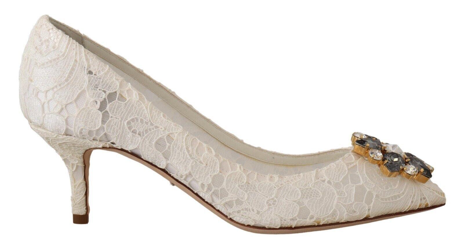 Dolce & Gabbana White Taormina Lace Crystal Heels Pumps Shoes - Ellie Belle