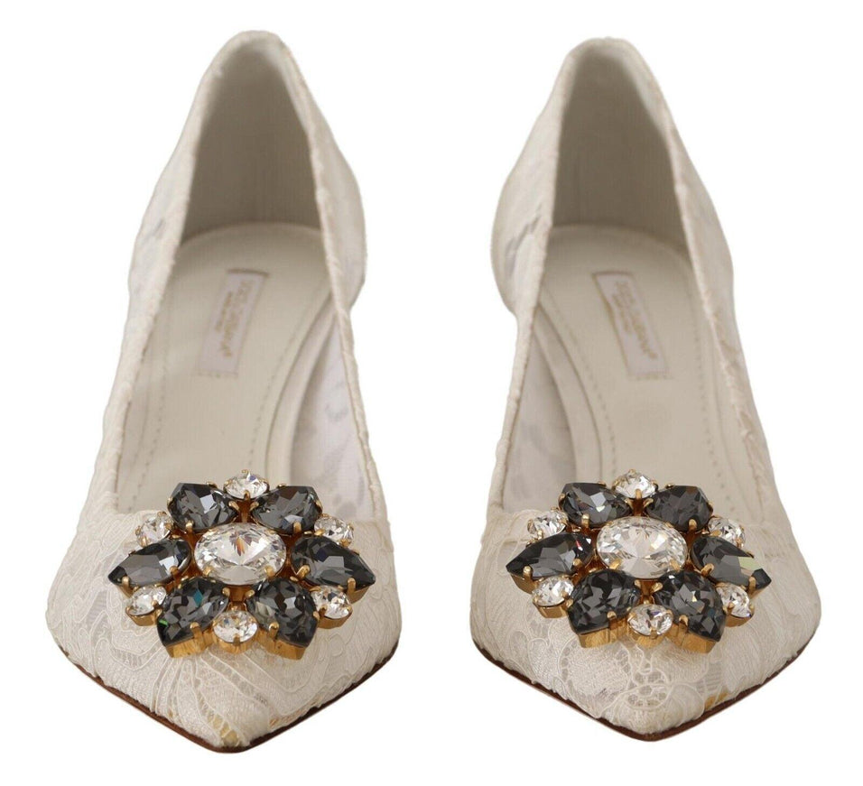 Dolce & Gabbana White Taormina Lace Crystal Heels Pumps Shoes - Ellie Belle