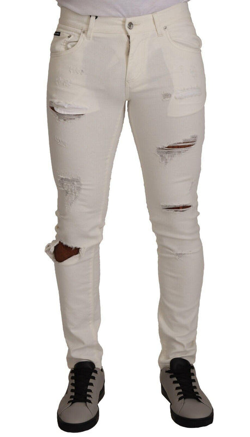 Dolce & Gabbana White Tattered Skinny Cotton Men Denim Jeans - Ellie Belle