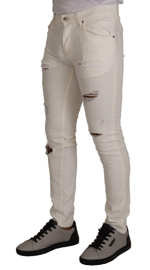 Dolce & Gabbana White Tattered Skinny Cotton Men Denim Jeans - Ellie Belle