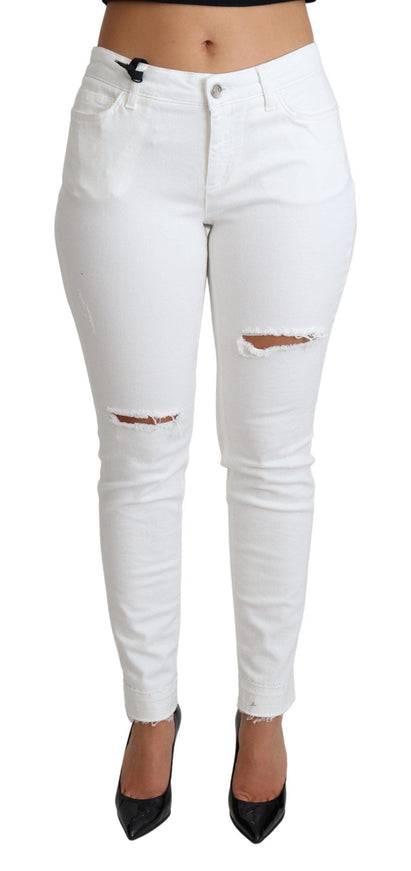 Dolce & Gabbana White Tattered Skinny Denim Cotton Stretch Jeans - Ellie Belle