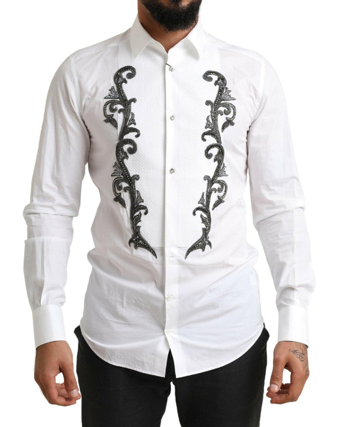 Dolce & Gabbana White Tuxedo Slim Fit Baroque Shirt - Ellie Belle