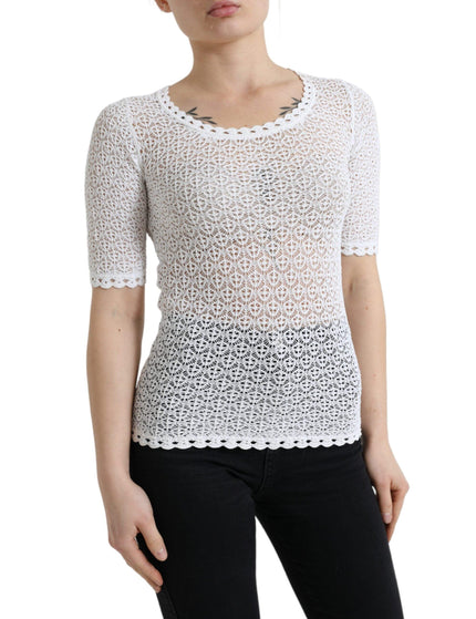 Dolce & Gabbana White Viscose Knitted Round Neck Tee T-shirt - Ellie Belle