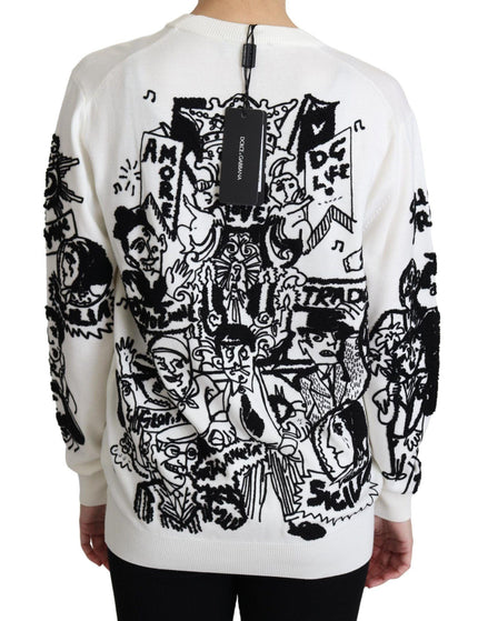 Dolce & Gabbana White Wool Graffiti Embroidery Pullover Sweater - Ellie Belle