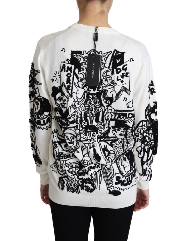 Dolce & Gabbana White Wool Graffiti Embroidery Pullover Sweater - Ellie Belle