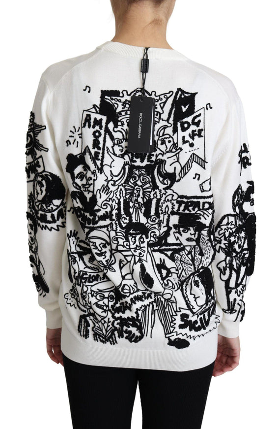 Dolce & Gabbana White Wool Graffiti Embroidery Pullover Sweater