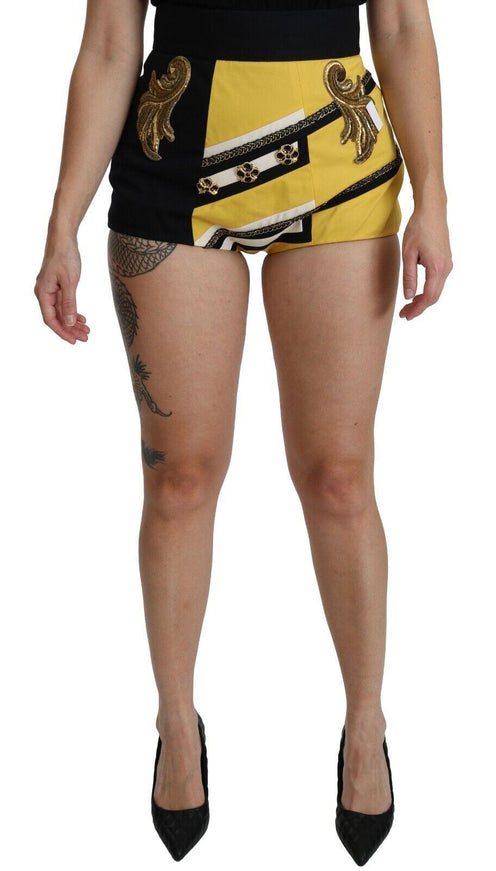 Dolce & Gabbana Yellow Black Cotton Jewelled Hot Pants Shorts - Ellie Belle