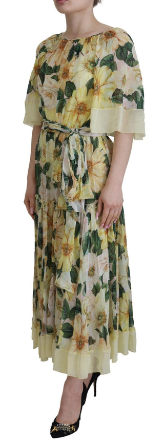 Dolce & Gabbana Yellow Floral Print Pleated Maxi Silk Dress - Ellie Belle