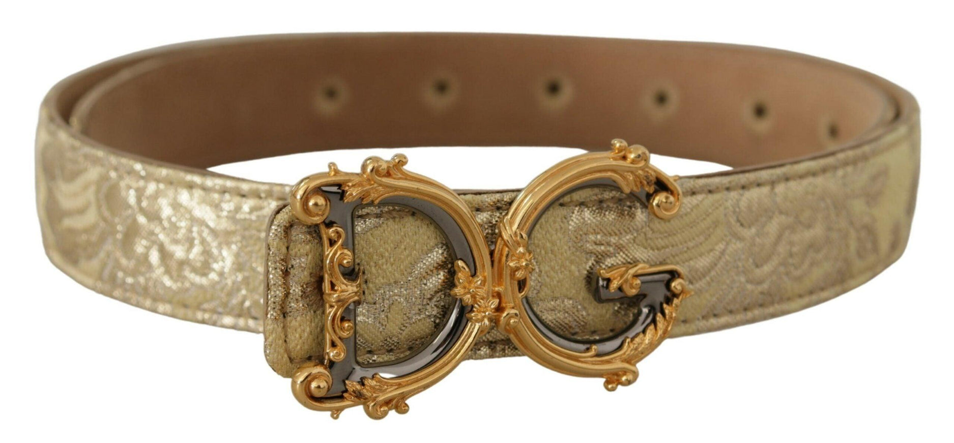 Dolce & Gabbana Yellow Gold Jaquard Leather DG Logo Metal Buckle Belt - Ellie Belle