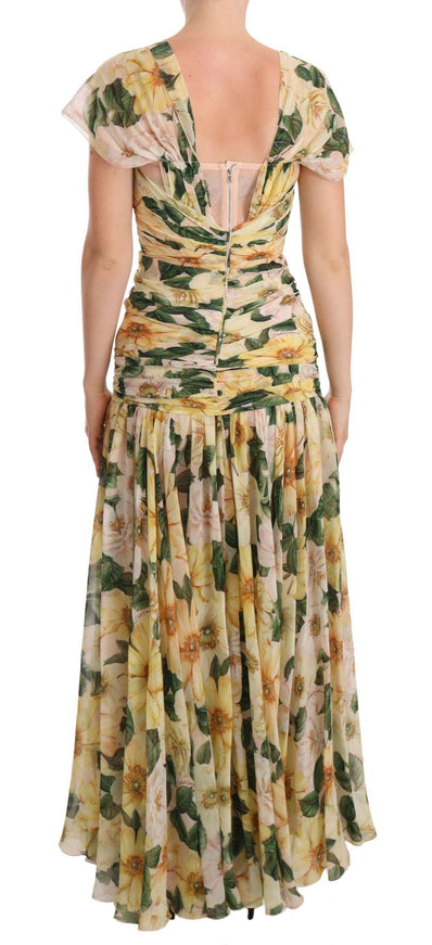 Dolce & Gabbana Yellow Silk Floral Print Pleated Max Dress - Ellie Belle