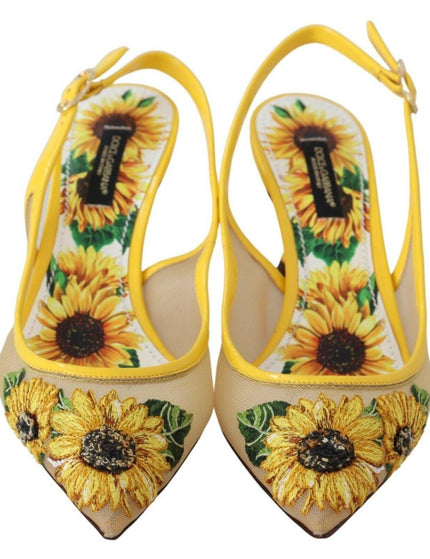 Dolce & Gabbana Yellow Sunflower Mesh Heels Slingback Shoes - Ellie Belle