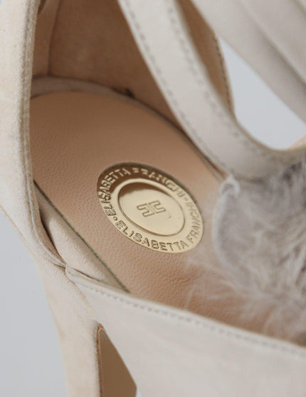 Elisabetta Franchi Beige Feather Ankle Strap Heels Sandals Shoes - Ellie Belle