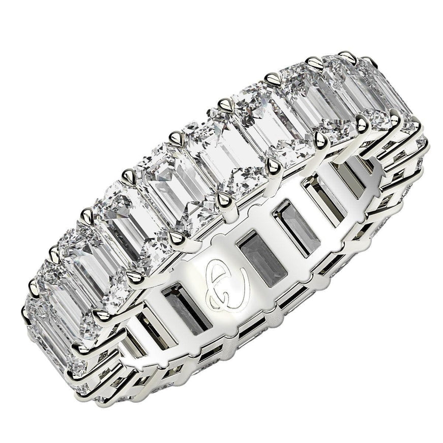 Lab grown diamond eternity ring in 14k white gold, angled view