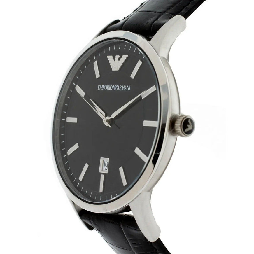 Emporio Armani Black Leather and Steel Analog Watch - Ellie Belle