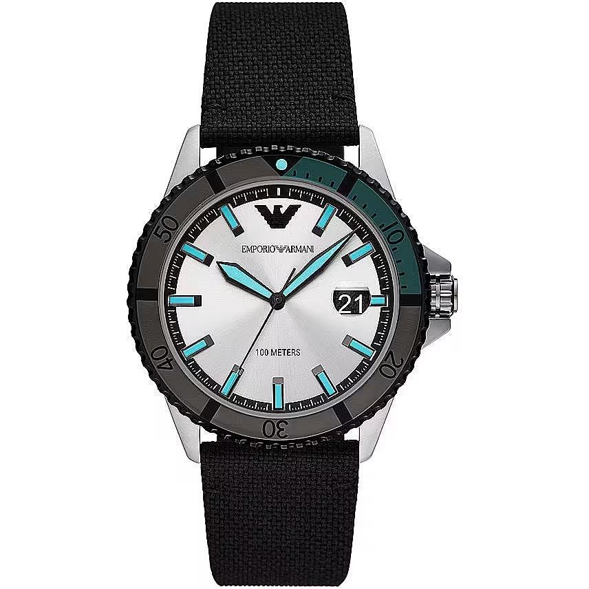 Emporio Armani Black Silver Fabric and Steel Quartz Watch - Ellie Belle