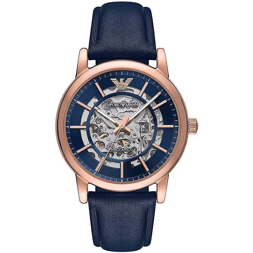 Emporio Armani Navy Blue Leather and Steel Automatic Watch - Ellie Belle