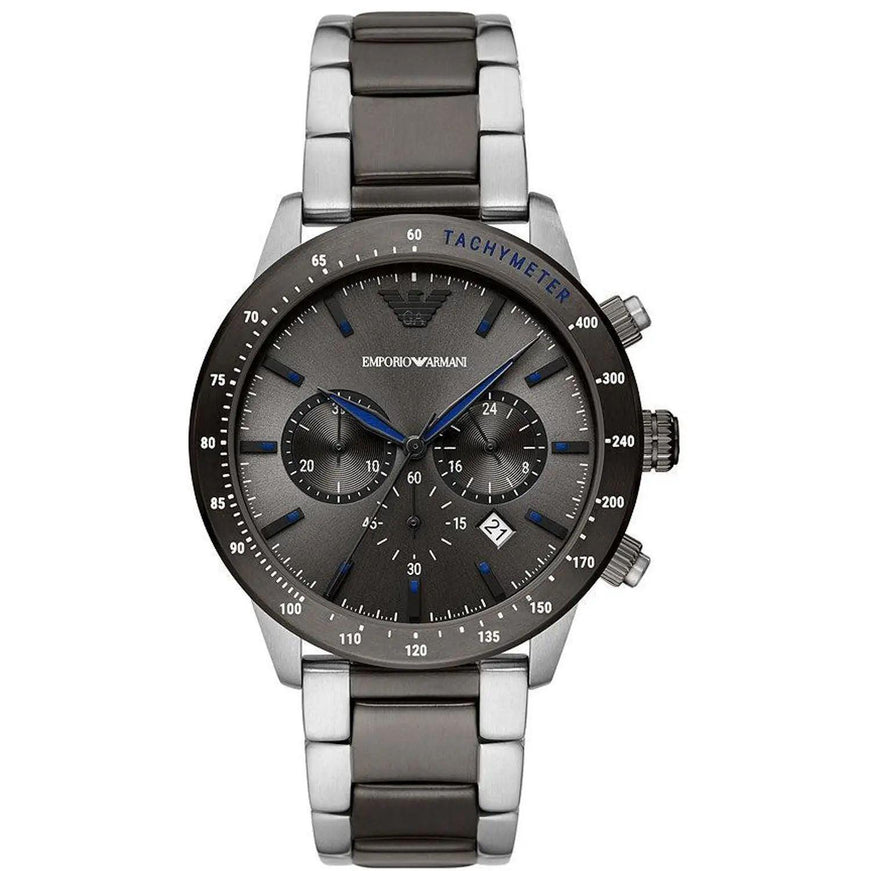 Emporio Armani Silver and Black Steel Chronograph Watch - Ellie Belle