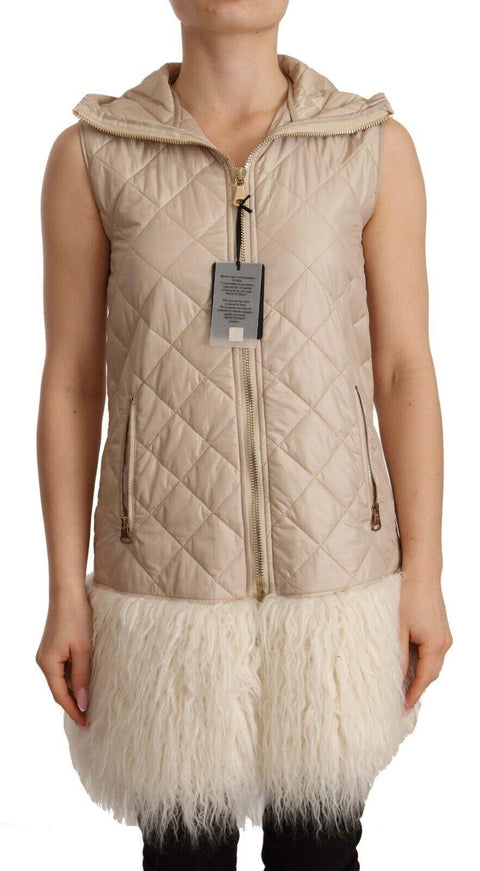 Ermanno Scervino Beige Quilted Hooded Sleeveless Coat Jacket - Ellie Belle