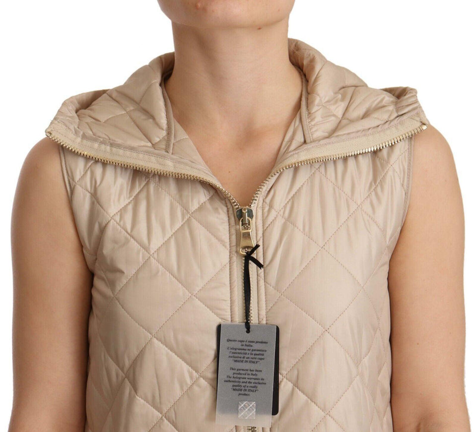 Ermanno Scervino Beige Quilted Hooded Sleeveless Coat Jacket - Ellie Belle