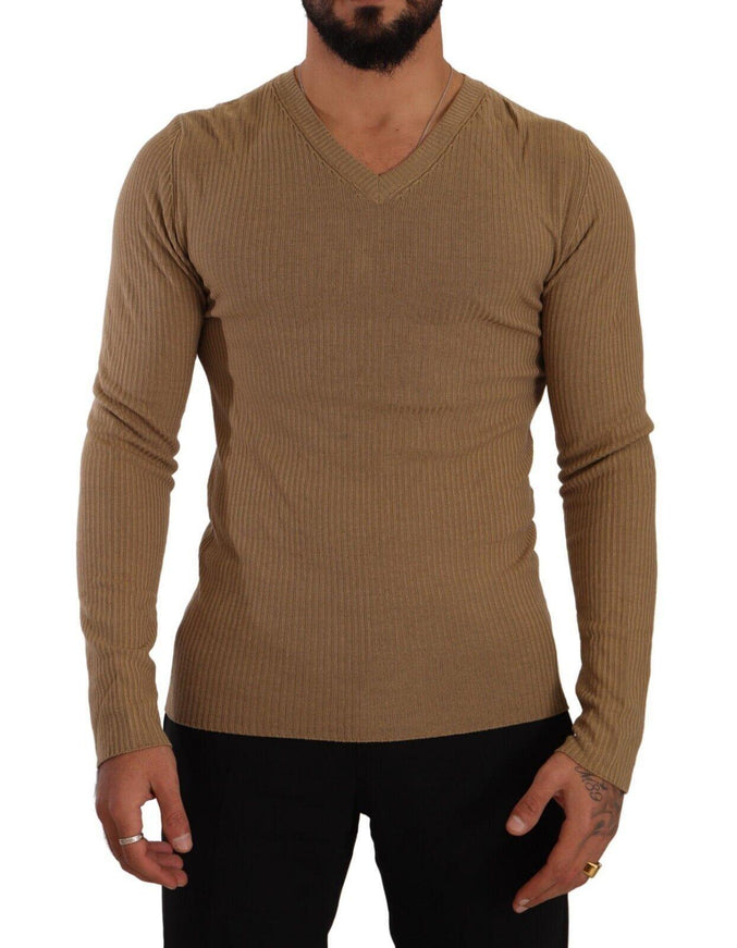 Ermanno Scervino Brown Wool Knit V-neck Men Pullover Sweater - Ellie Belle