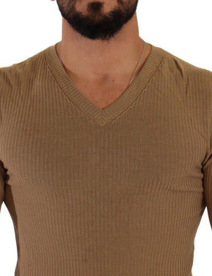 Ermanno Scervino Brown Wool Knit V-neck Men Pullover Sweater - Ellie Belle
