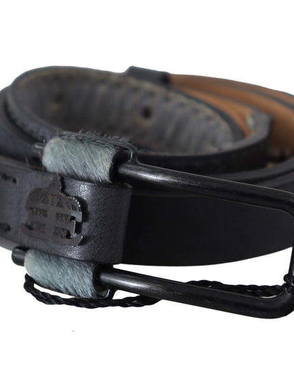Ermanno Scervino Gray Leather Fur Black Logo Buckle Belt - Ellie Belle