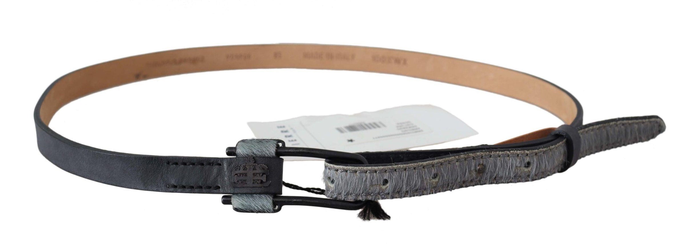 Ermanno Scervino Gray Leather Fur Black Logo Buckle Belt - Ellie Belle