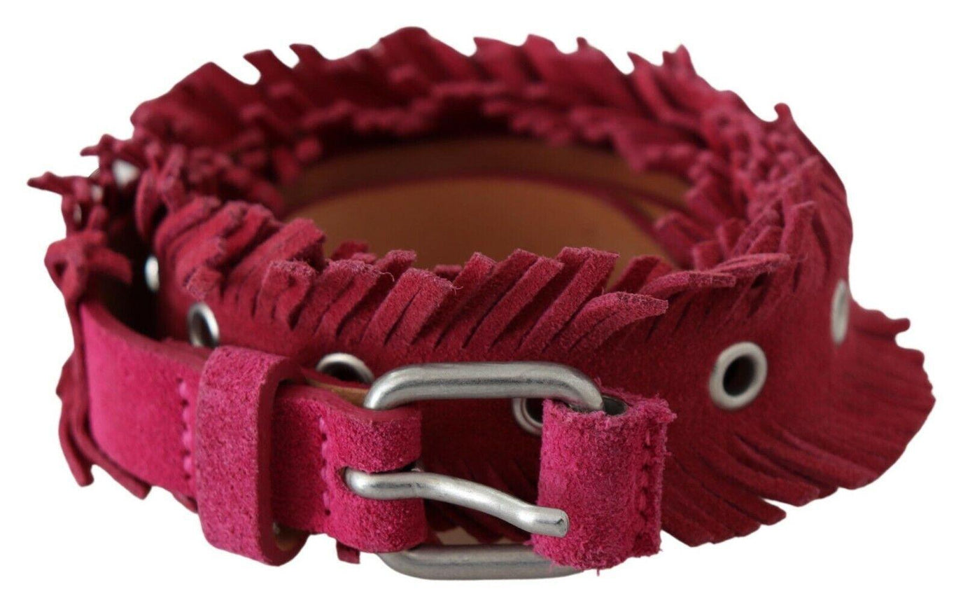 Ermanno Scervino Maroon Leather Fringes Silver Buckle Waist Belt - Ellie Belle