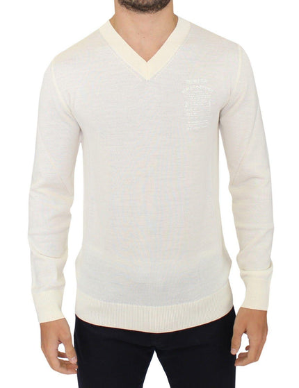 Ermanno Scervino Off White Wool Blend V-neck Pullover Sweater - Ellie Belle